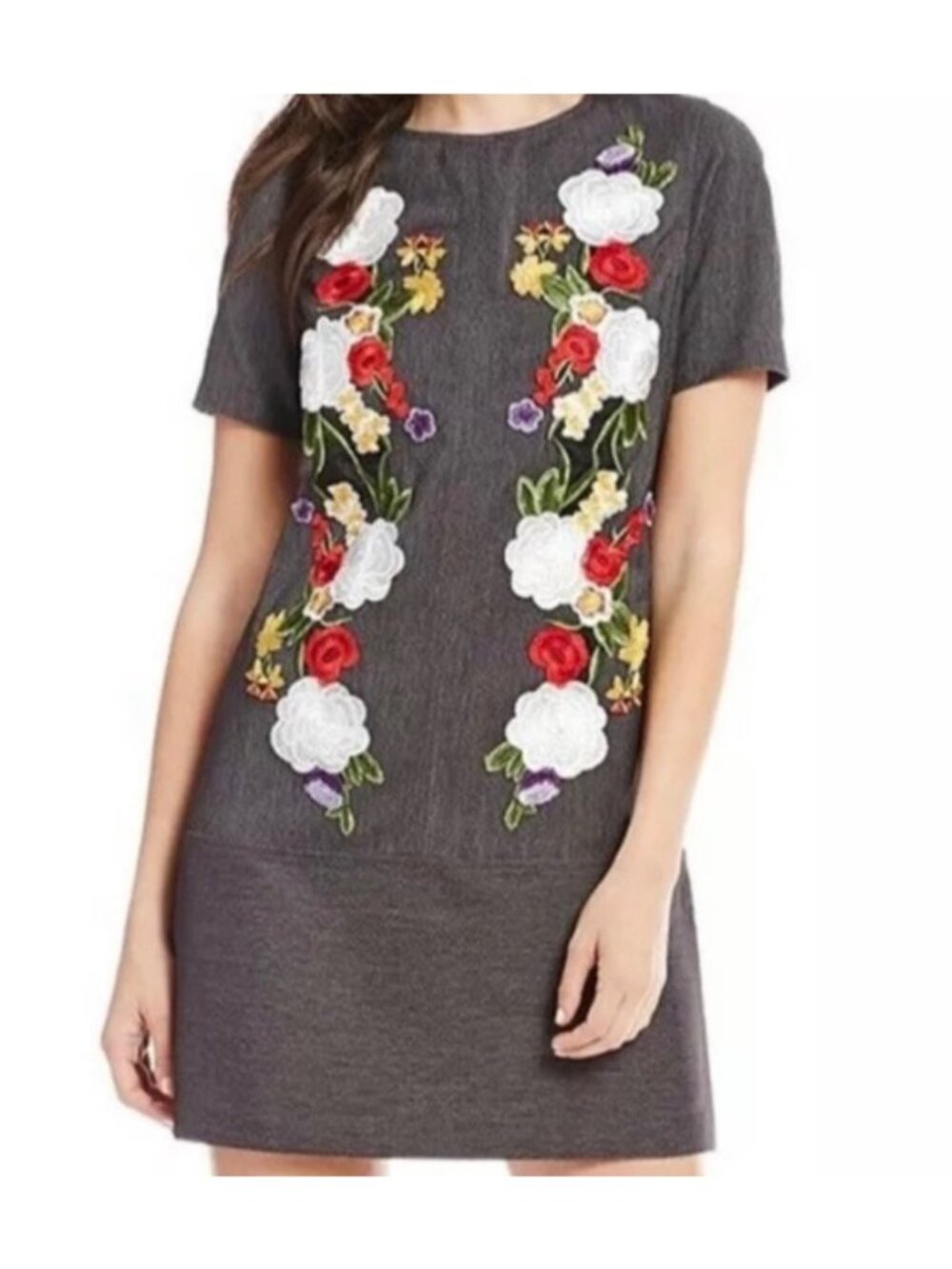 Nicole Miller Floral Embroidered Charcoal Gray Short Sleeve Shift Dress Size 14